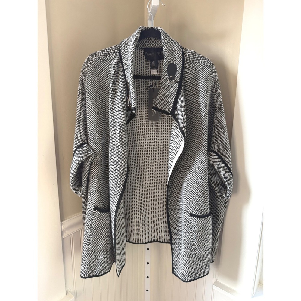 NWT Rachel Zoe Black White Birds Eye Knit Toggle Poncho Cardigan One Size NEW